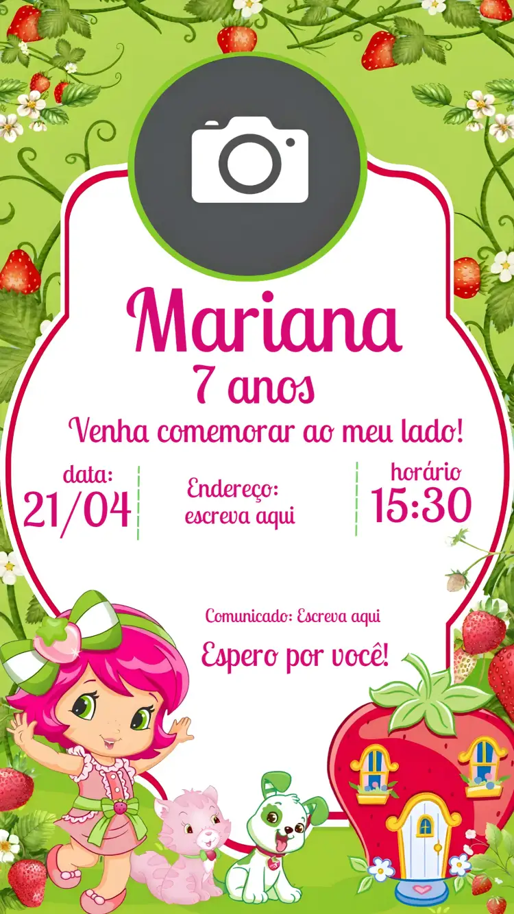 Convite Moranguinho Com Foto Rosa – tema Mais pesquisados rosa, morangos, divertido, infantil, colorido, feminino