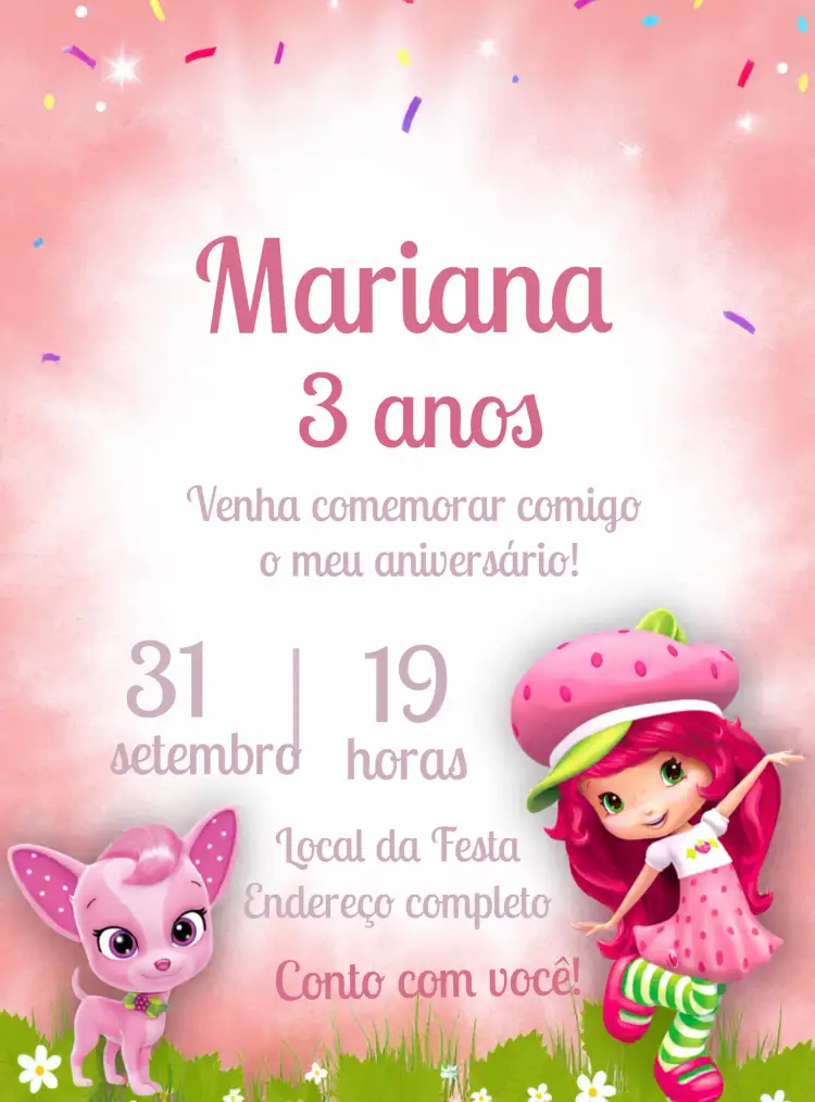 Convite Moranguinho Desenho – tema Mais pesquisados candy colors, infantil, fofo, brincalhão, tropical, moderninho
