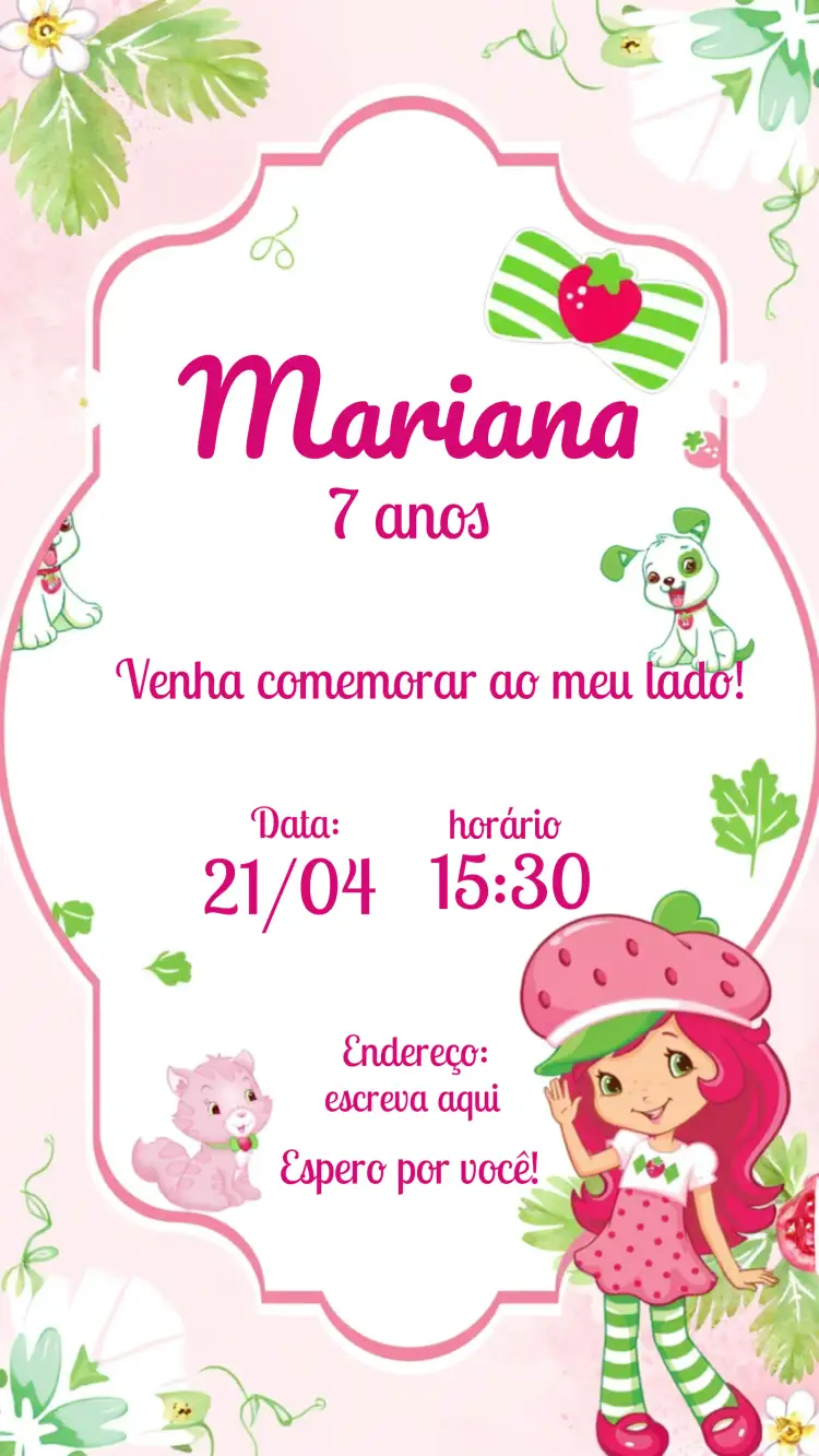 Convite Moranguinho Menina – tema Mais pesquisados rosa, infantil, lúdico, colorido, divertido