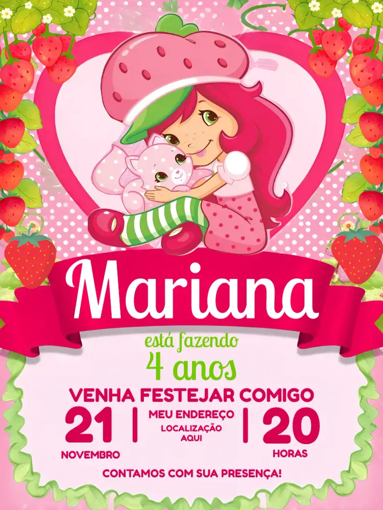 Convite Moranguinho Menina – tema Mais pesquisados feminino, cores vibrantes, frutas, temas infantis, estilo lúdico