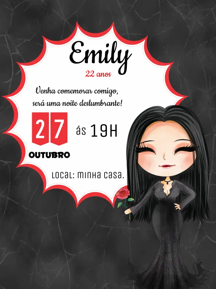 Convite Morticia Addams Menina – tema Aniversário gótico, fofo, escuro, vintage, temático, moderno