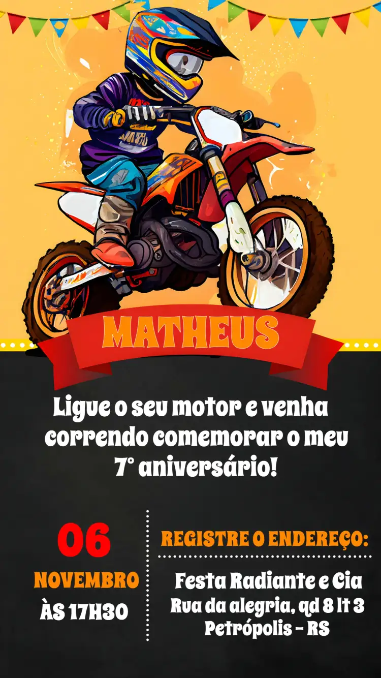 Convite Motocross Moto – tema Mais pesquisados vermelho vibrante, estilo esportivo, motocross, design dinâmico, gráficos de motos, elementos de velocidade