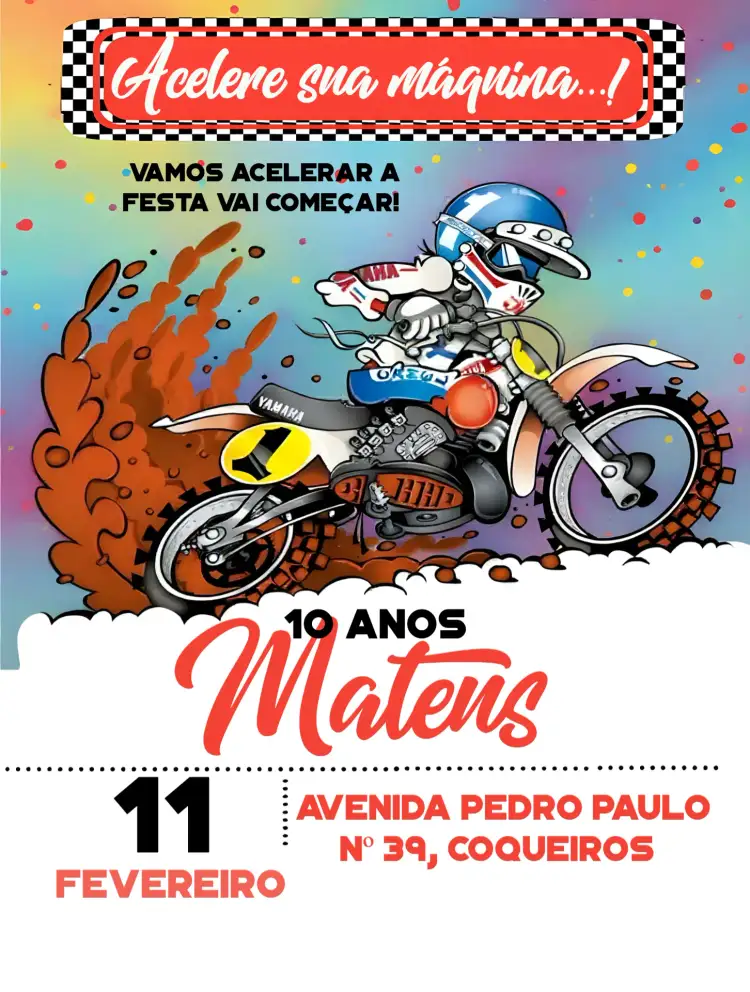 Convite Motocross Motocrosss – tema Aniversário Infantil motocross, aventura, esportivo, colorido, dinâmico