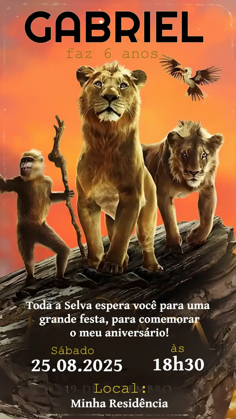 Convite Mufasa O Rei Leão Simba – tema Aniversário Infantil colorido, temático, divertido, ilustrações Disney, savana africana