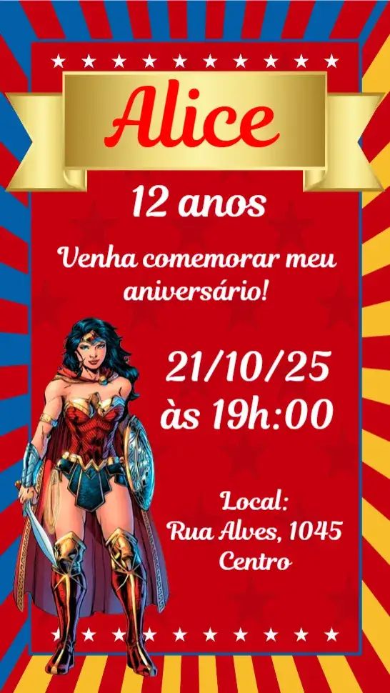 Convite Mulher Maravilha – tema Aniversário colorido, heroico, moderno, vibrante, temático
