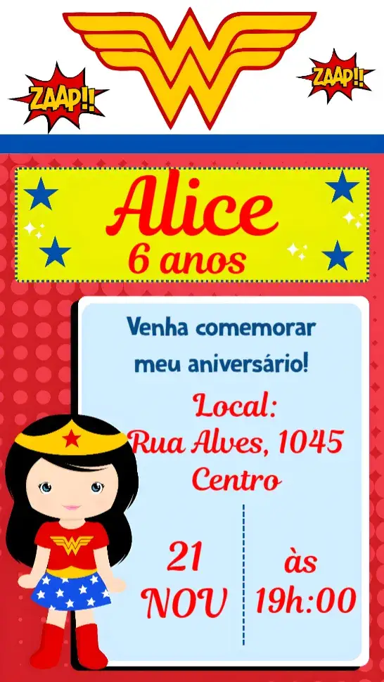 Convite Mulher Maravilha – tema Aniversário Infantil cores vibrantes, super-heróis, aventura, diversão, feminino, colorido