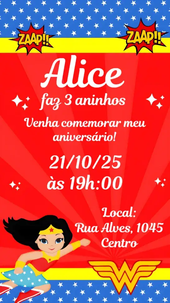 Convite Mulher Maravilha – tema Aniversário Infantil colorido, super-heróis, aventura, brilho, diversão, temática