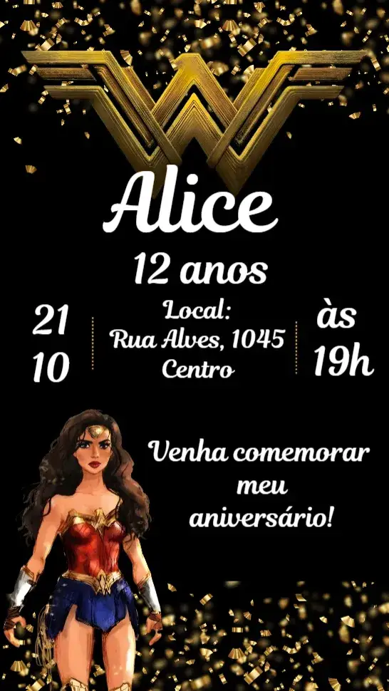 Convite Mulher Maravilha – tema Aniversário cores vibrantes, super-heróis, estilo moderno, elementos gráficos, diversão, temática infantil