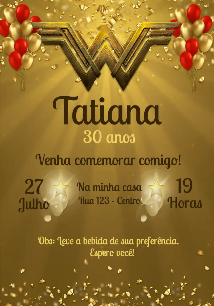 Convite Mulher Maravilha Balões – tema Aniversário glamouroso, moderno, vibrante, luxo, festa temática
