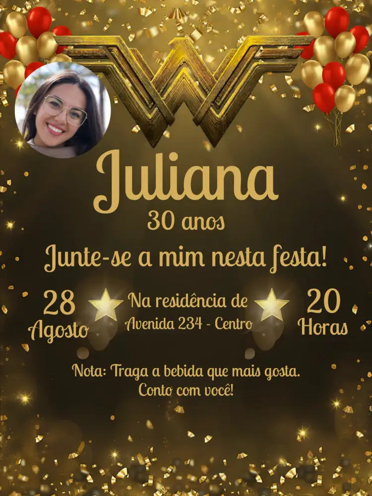Convite Mulher Maravilha Com Foto Celebração – tema Aniversário dourado, vermelho, preto, luxo, glitter, super-heróis