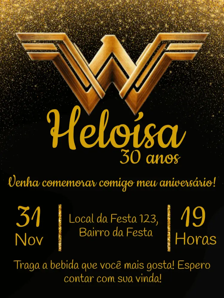 Convite Mulher Maravilha Confetes – tema Aniversário dourado, moderno, temático, elegante, vibrante
