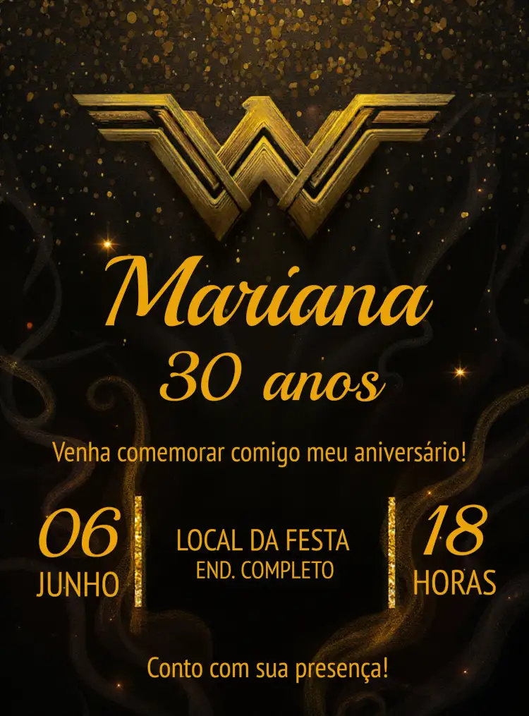 Convite Mulher Maravilha Dourado Glitter Heroina – tema Mais pesquisados dourado, glitter, moderno, super-herói, elegante, temático