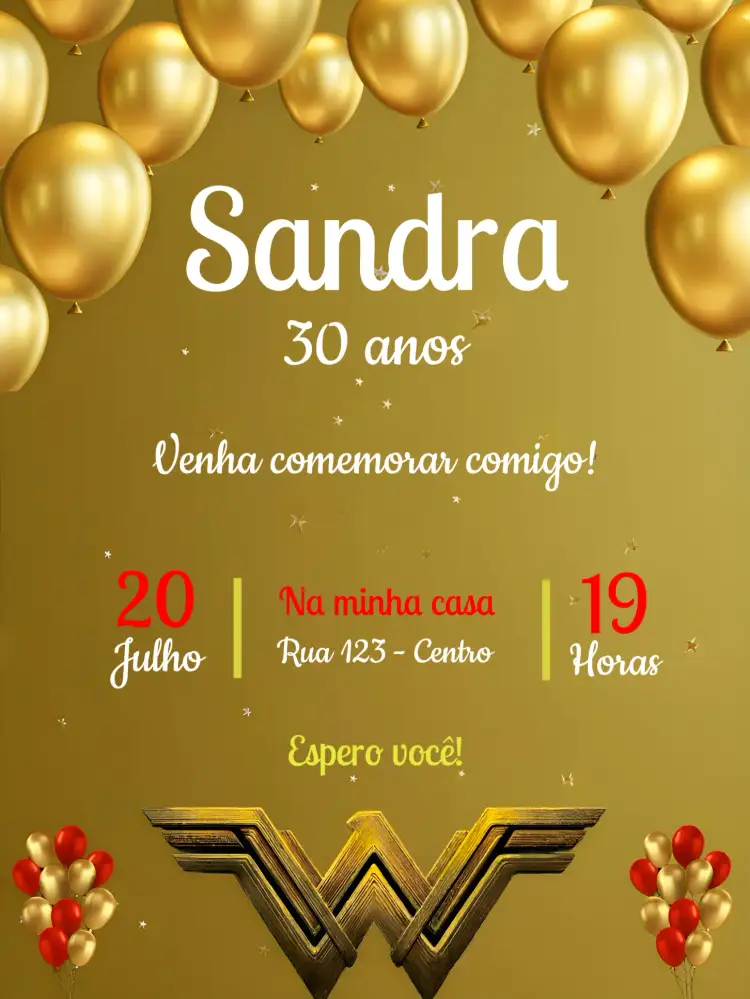Convite Mulher Maravilha Infantil – tema Aniversário super-heroína, colorido, vibrante, divertido, temático