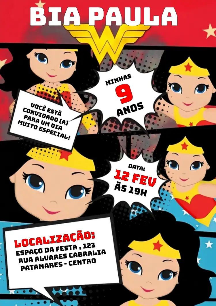 Convite Mulher Maravilha Quadrinhos Liga