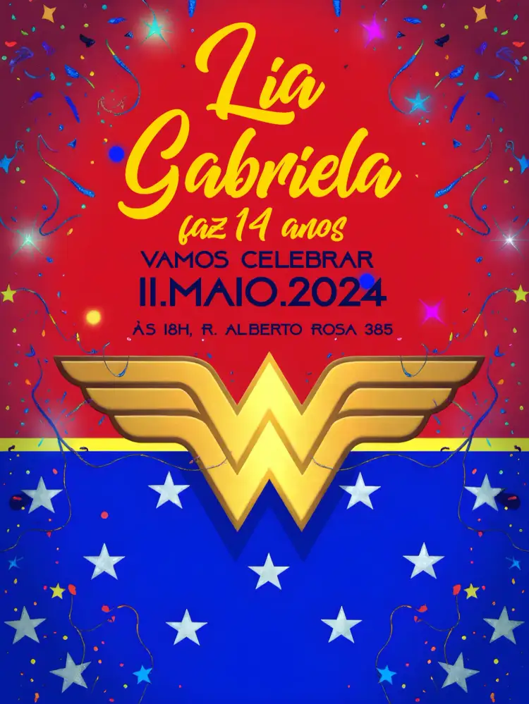 Convite Mulher Maravilha Woman – tema Aniversário Infantil super-herói, colorido, divertido, moderno, infantil