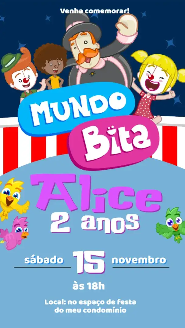 Convite Mundo Bita – tema Aniversário Infantil colorido, divertido, infantil, ilustrações animadas, moderno, temático