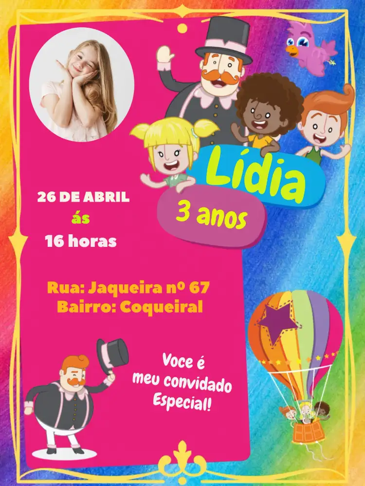 Convite Mundo Bita Com Foto Rosa – tema Aniversário Infantil colorido, lúdico, divertido, infantil, rosa, temático