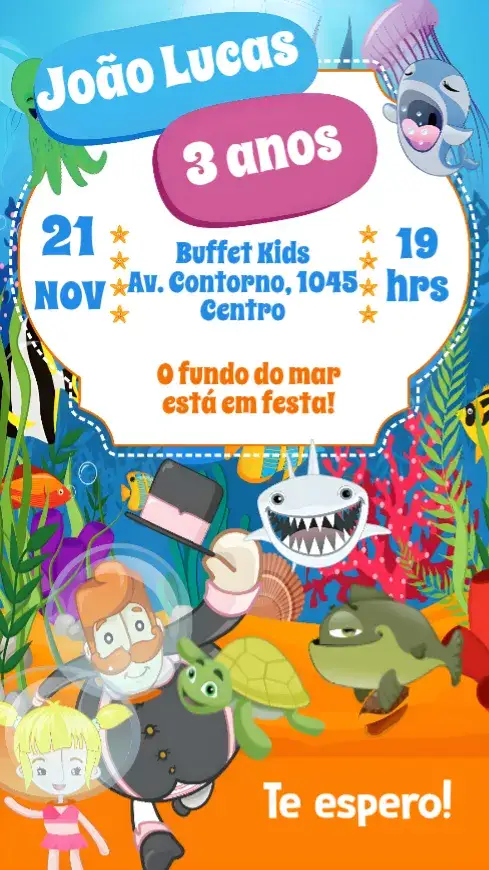 Convite Mundo Bita Fundo do Mar – tema Aniversário Infantil colorido, lúdico, marinho, divertido, infantil, temático