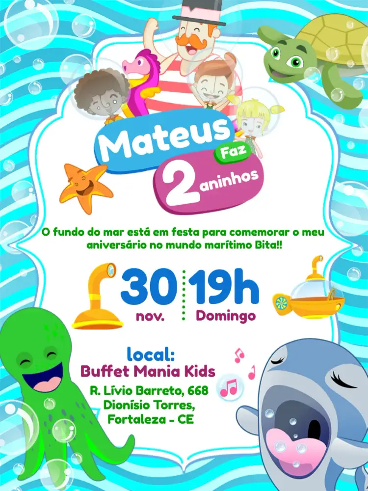 Convite Mundo Bita Fundo Do Mar Animais – tema Aniversário Infantil marinho, colorido, divertido, infantil, lúdico