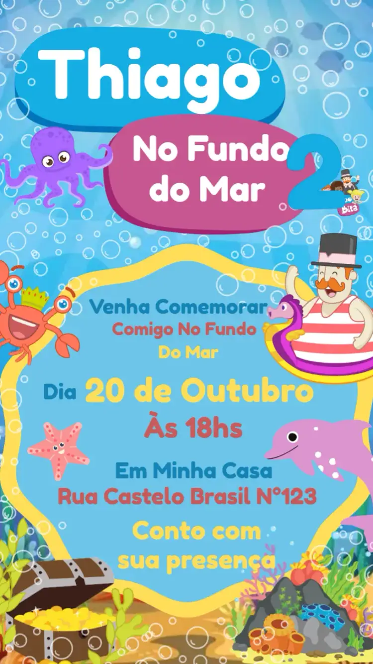 Convite Mundo Bita Fundo Do Mar Peixes – tema Aniversário Infantil fundo do mar, colorido, divertido, infantil, aquático, vibrante