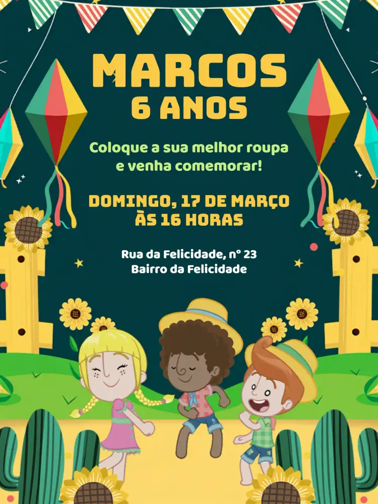 Convite Mundo Bita São João Menino – tema Datas Comemorativas colorido, festivo, infantil, tradicional, brincalhão