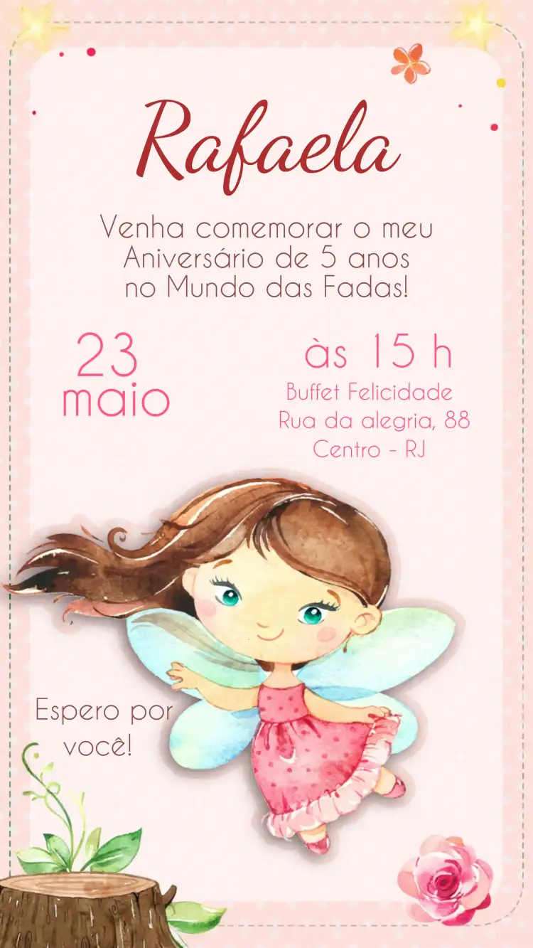 Convite Mundo Das Fadas Rosa – tema Datas Comemorativas rosa, magia, fantasia, fadas, ilustrações delicadas