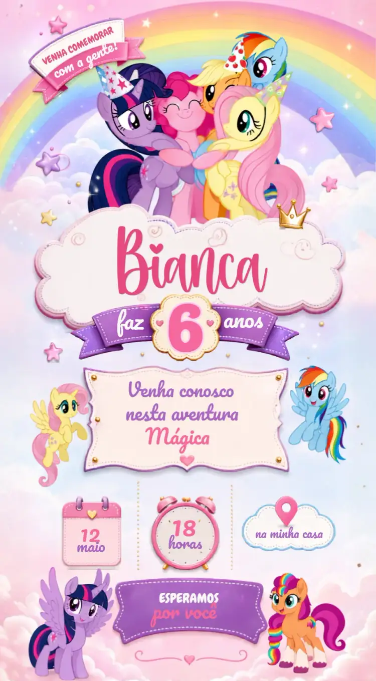 Convite My Little Pony – tema Aniversário Infantil arco-íris, mágico, divertido, colorido, infantil, fantasia