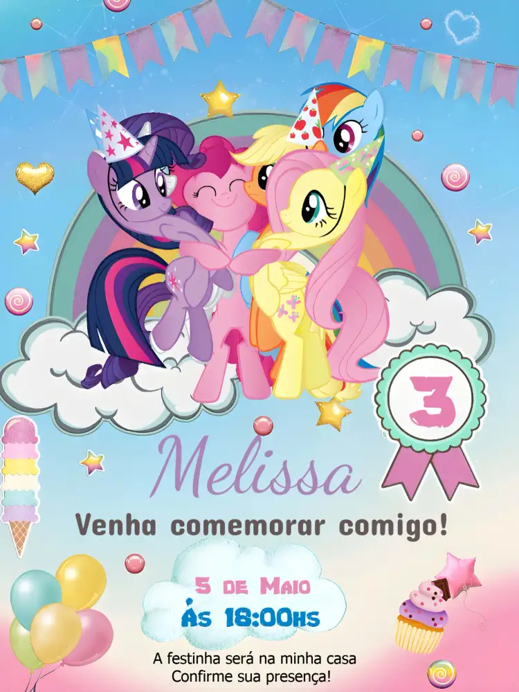 Convite My Little Pony Editar – tema Mais pesquisados colorido, lúdico, fantasia, mágico, temático, divertido