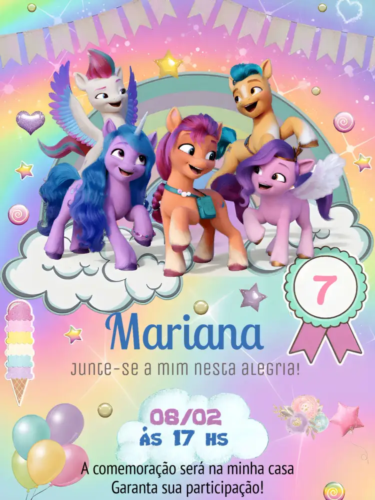 Convite My Little Pony Festa – tema Aniversário Infantil colorido, pastel, mágico, infantil, divertido, temático