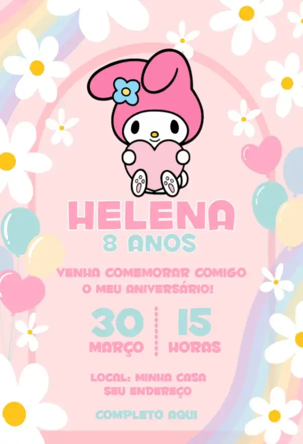 Convite My Melody 1 – tema Aniversário rosa, kawaii, infantil, delicado, divertido, lúdico