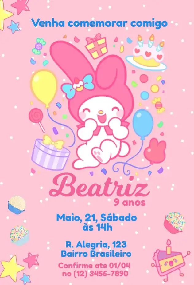 Invitation My Melody Birthday – Kids' Birthday Party theme soft colors, playful, cute, fun, Sanrio theme, pink and white