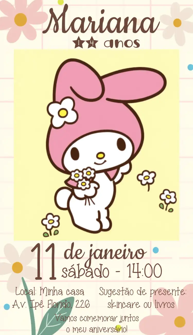 Convite My Melody Hello Kitty – tema Aniversário Infantil feminino, colorido, divertido, lúdico, temático, moderno
