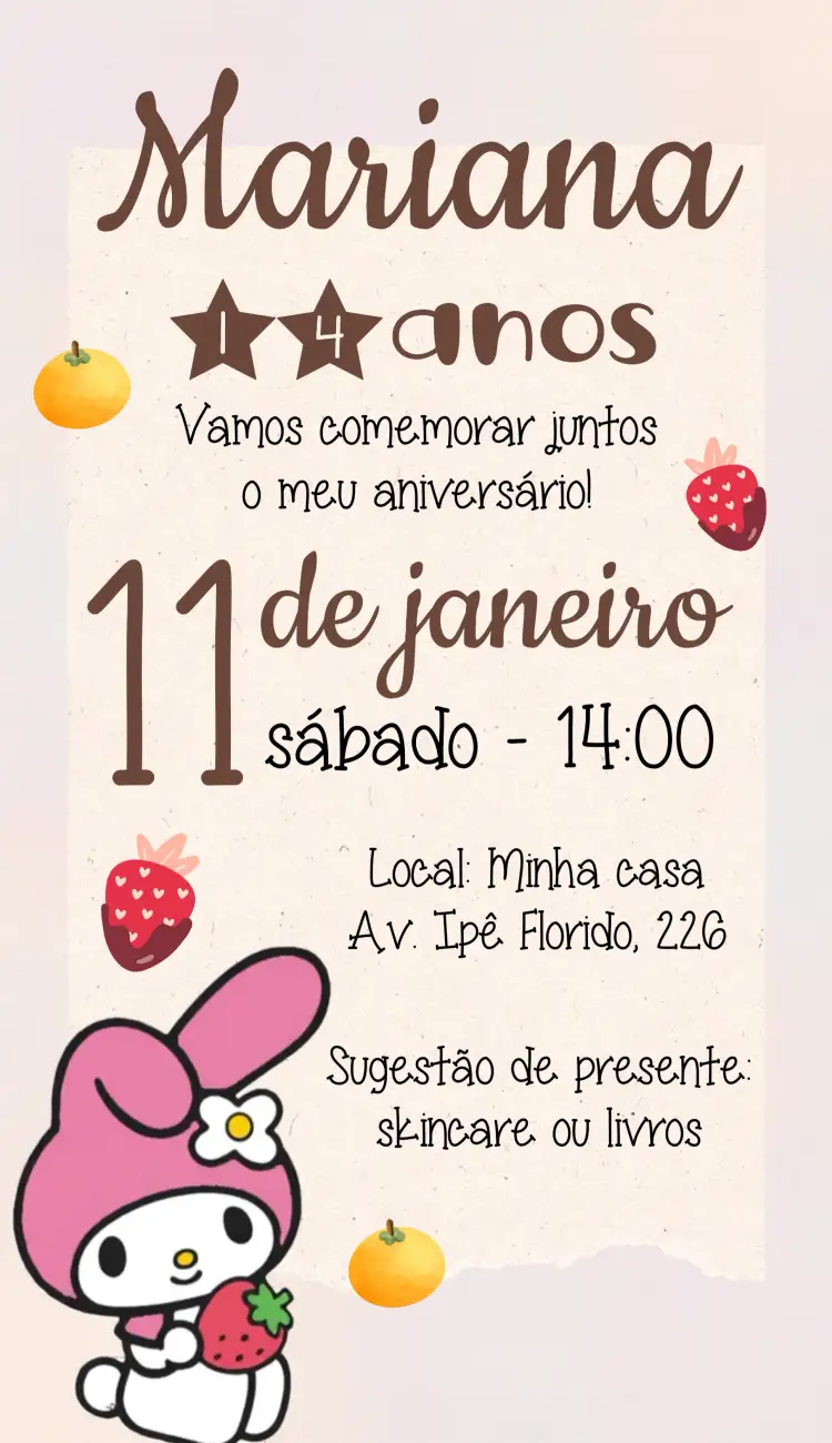 Convite My Melody Hello Kitty Festa – tema Aniversário Infantil rosa, lúdico, temático, divertido, colorido, jardim