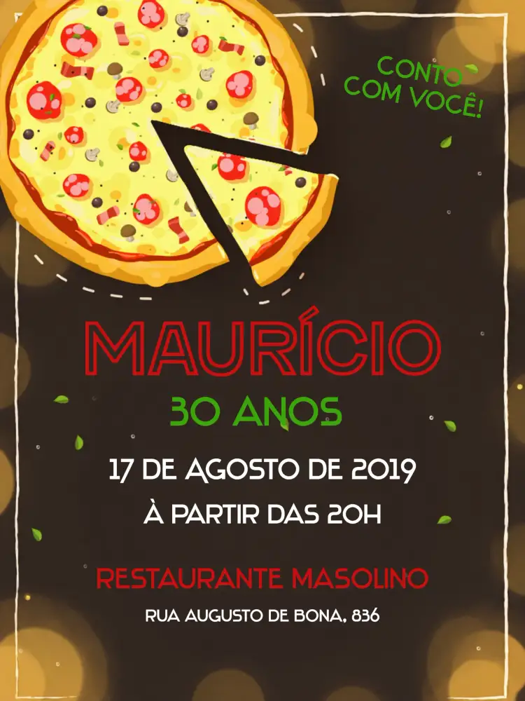 Convite Na Pizzaria Noite – tema Mais pesquisados vibrante, divertido, colorido, moderno, temático, descontraído