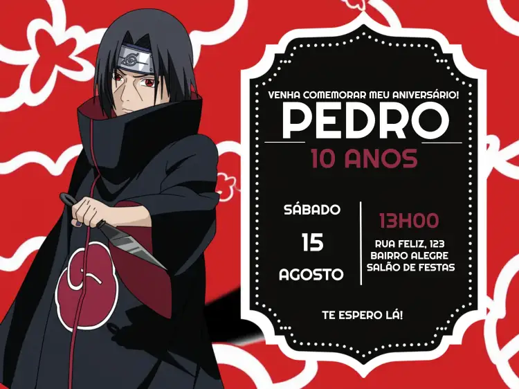 Convite Naruto – tema Aniversário Infantil colorido, temático, anime, divertido, moderno