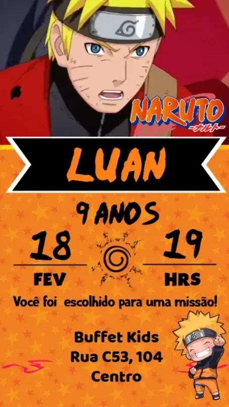 Convite Naruto – tema Aniversário anime, aventura, colorido, jovial, divertido, moderno