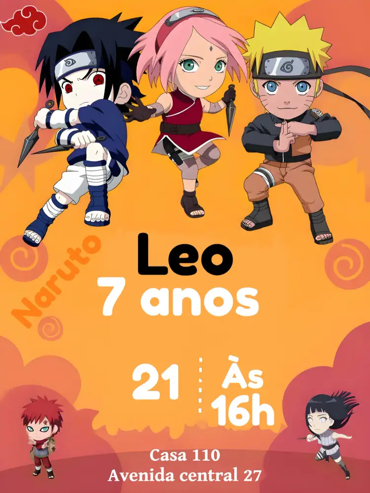 Convite Naruto – tema Aniversário Infantil anime, colorido, aventura, ninja, moderno, divertido
