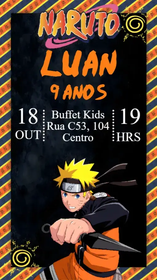 Convite Naruto – tema Aniversário Infantil cores vibrantes, anime, aventura, elementos gráficos divertidos, temática de amizade, estilo moderno