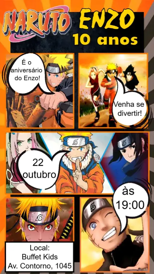 Convite Naruto – tema Aniversário Infantil anime, colorido, jovial, fantasia, criança, aventura
