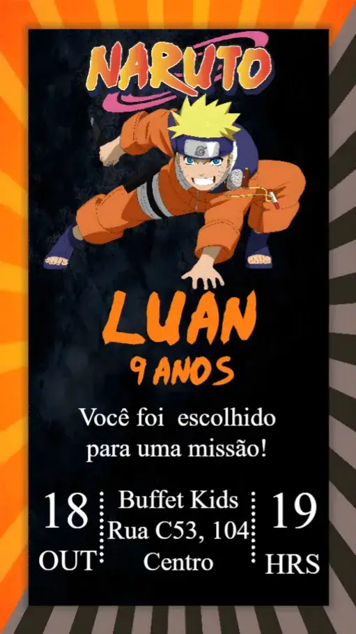 Convite Naruto – tema Aniversário Infantil temática de anime, cores vibrantes, estilo moderno, ilustrações divertidas, elementos gráficos do Japão