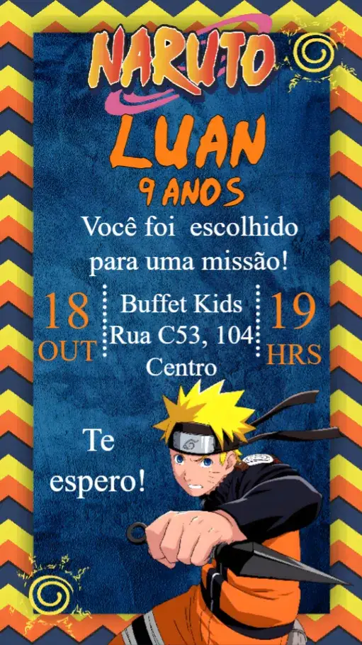 Convite Naruto – tema Aniversário Infantil colorido, aventura, anime, divertido, moderno, jovial