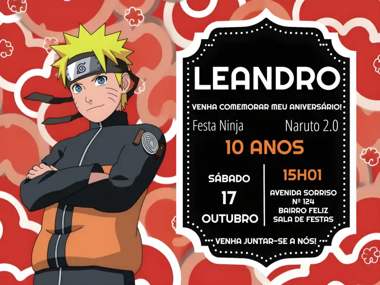 Convite Naruto – tema Aniversário Infantil moderno, colorido, ninja, aventura, anime, divertido