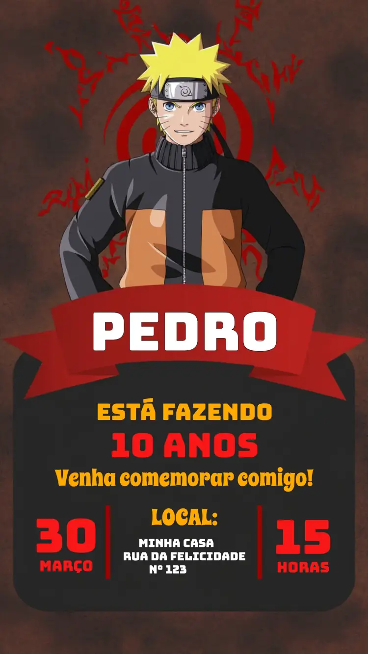 Convite Naruto 9 – tema Aniversário Infantil vermelho, preto, anime, ninja, aventura, diversão