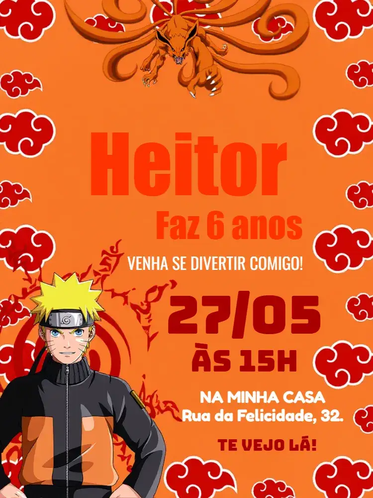 Convite Naruto 9 – tema Aniversário Infantil colorido, anime, aventura, moderno, jovial, temático