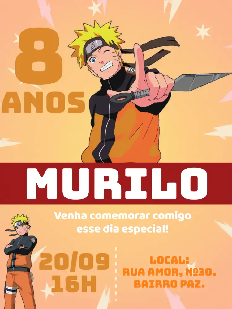 Convite Naruto Akatsuki – tema Aniversário Infantil anime, moderno, temática ninja, cores vibrantes, estilo urbano