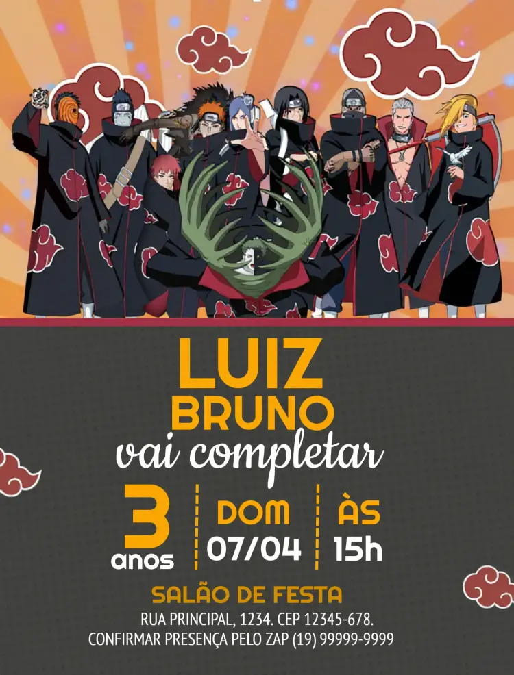 Convite Naruto Akatsuki Escuro Anime – tema Aniversário Infantil escuro, moderno, ninja, aventura, anime, divertido