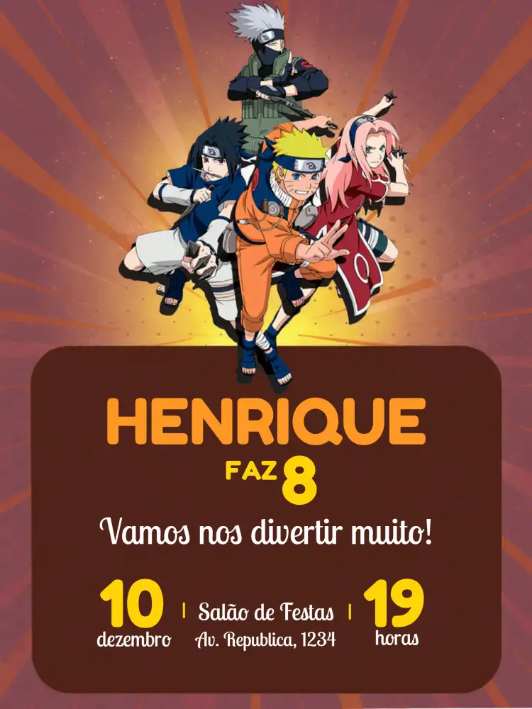Convite Naruto Amarelo – tema Aniversário Infantil amarelo, vermelho, marrom, temática anime, nuvens, moderno