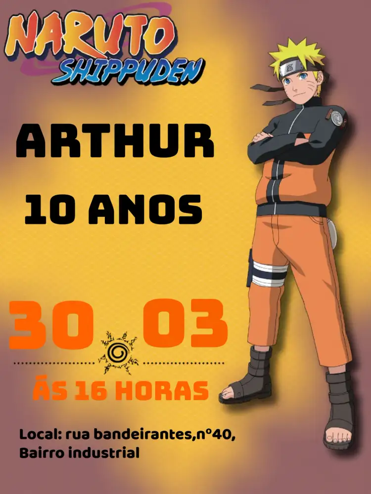 Convite Naruto Amarelo – tema Aniversário Infantil anime, colorido, jovem, divertido, estilo urbano