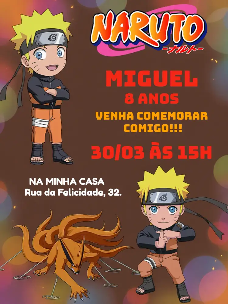 Convite Naruto Animado – tema Aniversário Infantil ninja, anime, colorido, vibrante, aventura, moderno