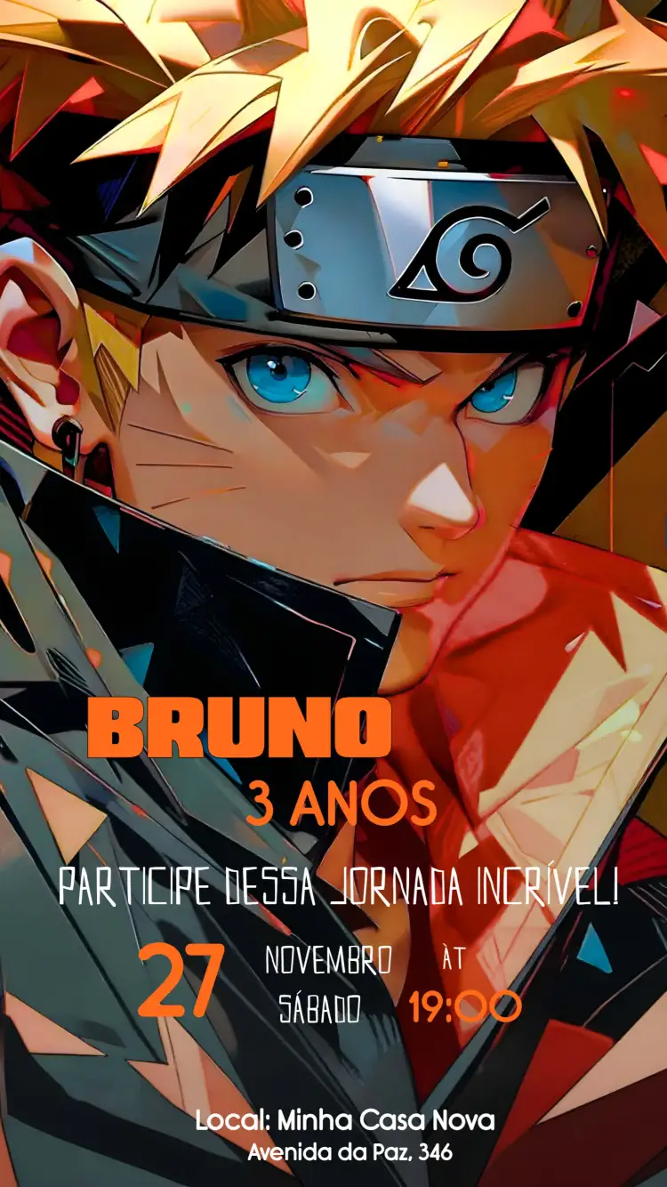 Convite Naruto Anime – tema Aniversário Infantil anime, colorido, aventura, moderno, divertido, jovem